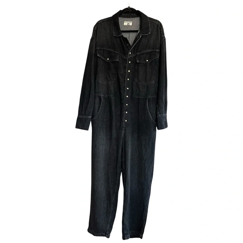 free people townes black denim long sleeve button up jumpsuit coveralls